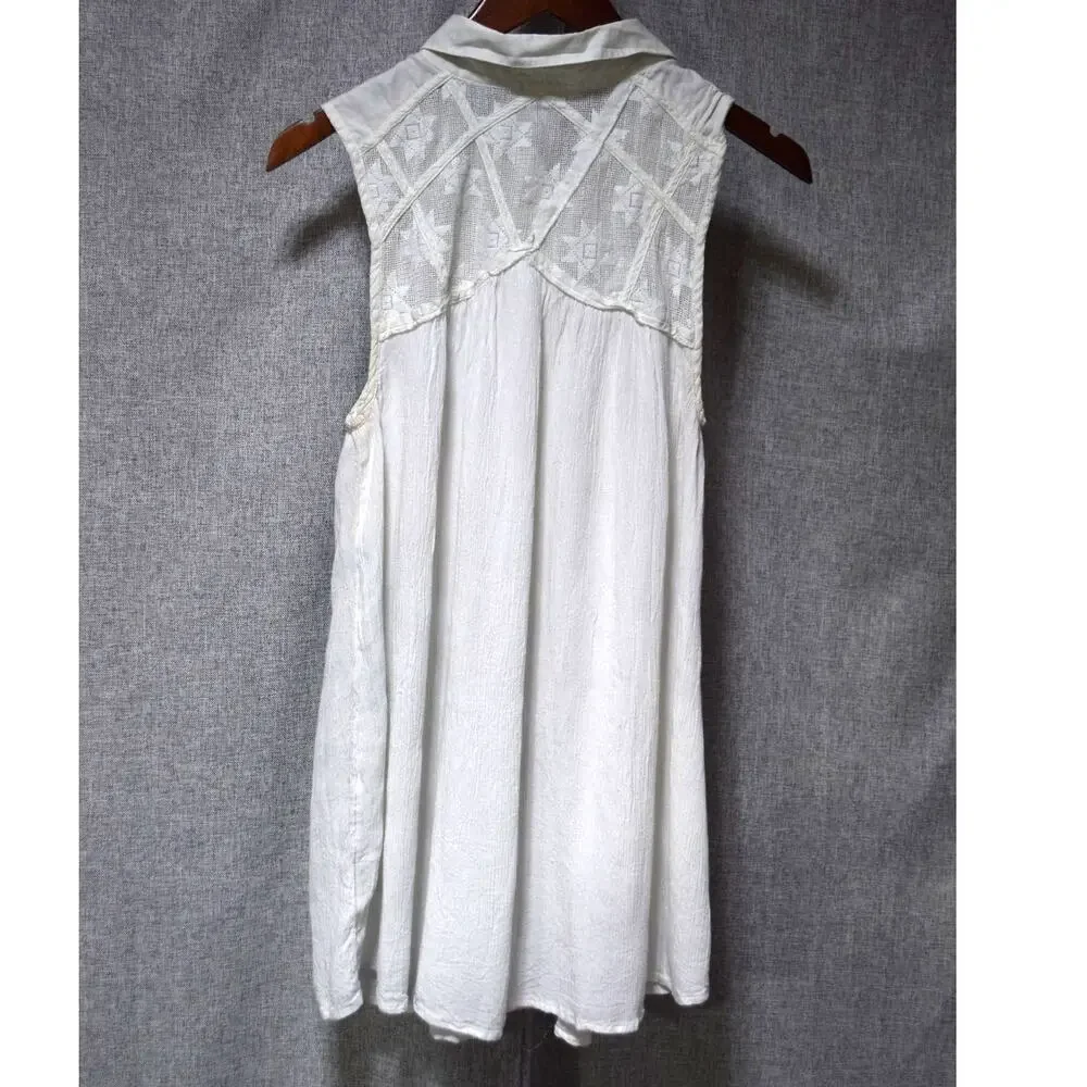 Free People Ivory Sleeveless Lace Inset Button Front Tunic Top L - Picture 4 of 4